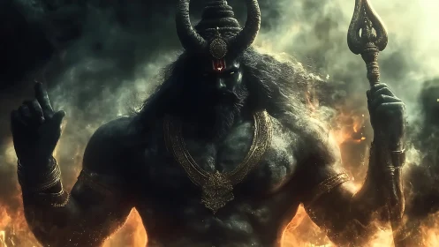 Horned fire deity with trident amid smoke and flames.