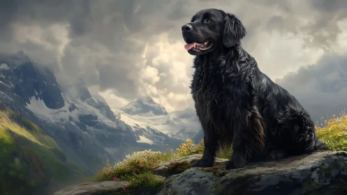 Black mountain dog resting on rocky alpine ledge outdoors.