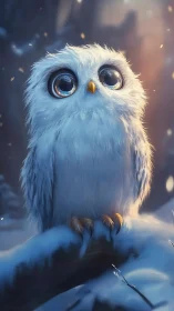 Snowy baby owl gazes upward in softly glowing twilight.
