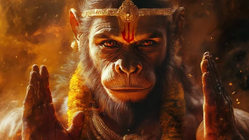 Fiery simian deity portrait with intense blessing gaze.