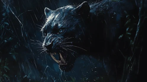 Predatory big cat roaring in rain. Digital rendering.