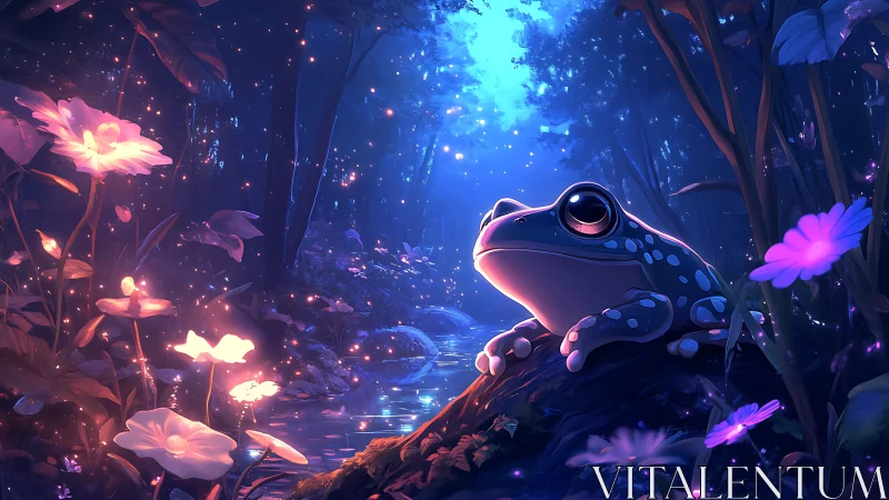 Moonlit frog gazes over glowing flowers in dreamlike forest.