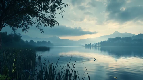 Mist-kissed mountain lake humming with whispered dawn calm.