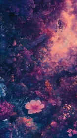 Starlit blossom glows in a twilight forest of painted embers.