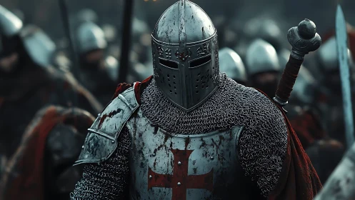 Armored knight in chainmail stands amid tightly packed troops