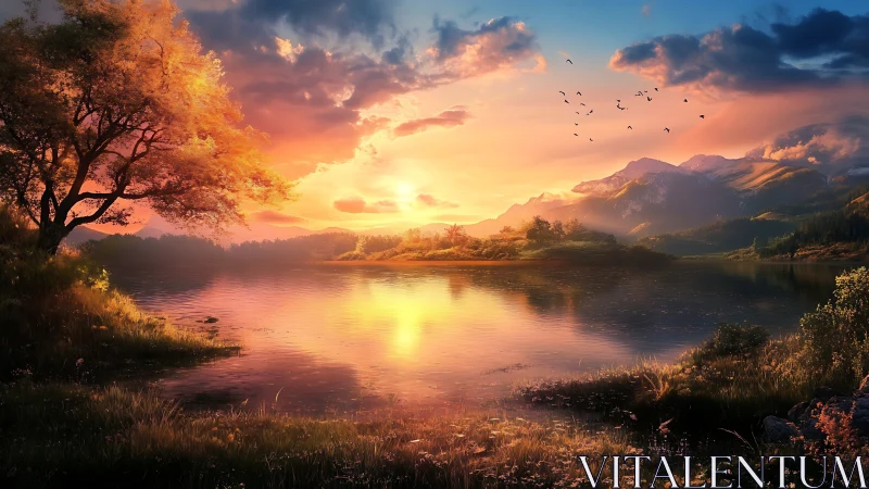 Sunset light floods tranquil mountain lake landscape