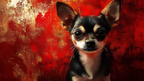 Tiny chihuahua muse against a bold red painterly world.