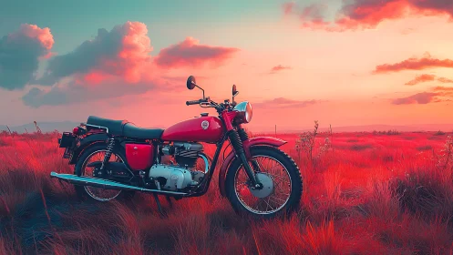 Red classic motorcycle parked in vivid sunset field.