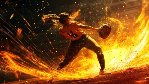 Softball player fields ground ball amid swirling fire effects