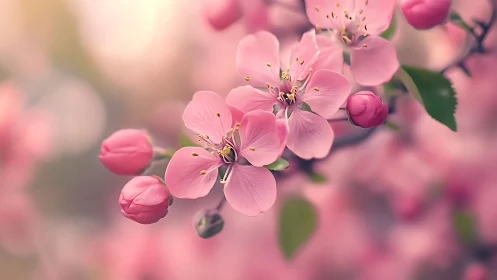 Delicate pink cherry blossoms in full bloom against soft bokeh background