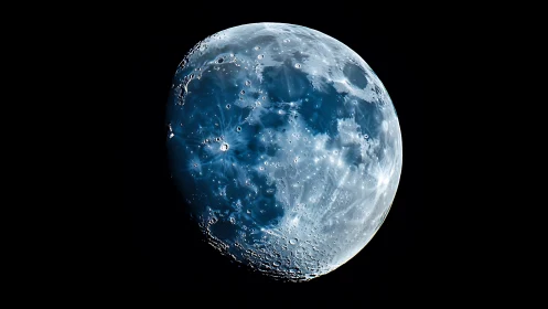 Detailed blue tinted moon surface against deep black space.