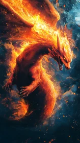 Molten fire dragon in mid-flight against turbulent night sky