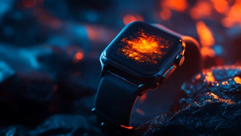 Smartwatch with fiery display in vivid blue orange light.