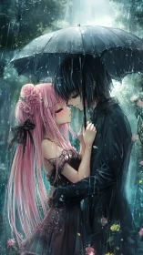 Lovers share quiet embrace beneath umbrella in rainy garden