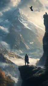 Solitary cloaked figure overlooks vast misty mountain valley