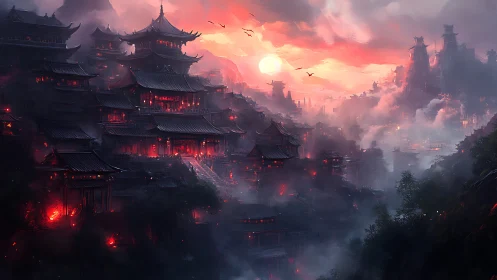 Digital painting of burning misty pagoda city at sunset.