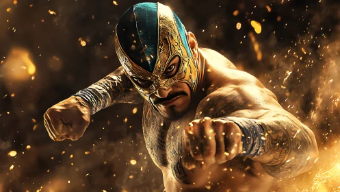 Masked luchador charging through a storm of golden sparks.