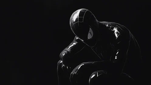 Brooding black-suited hero sinks into shadow-slick silence