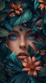 Emerald foliage frames freckled face with electric eyes.