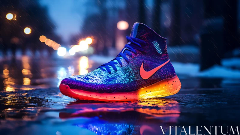 Photoreal sneaker close-up in neon urban rainscape at night.