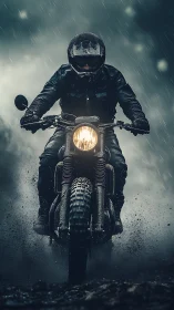 Motorcyclist riding off-road in heavy rain with headlight flare.