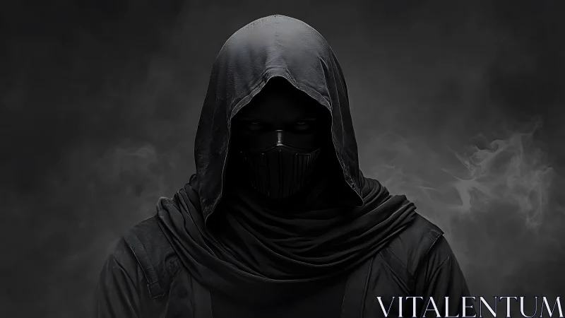 Mysterious hooded figure wrapped in dark swirling shadows.