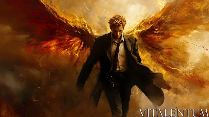 Fierce winged wanderer walking through golden firestorm.