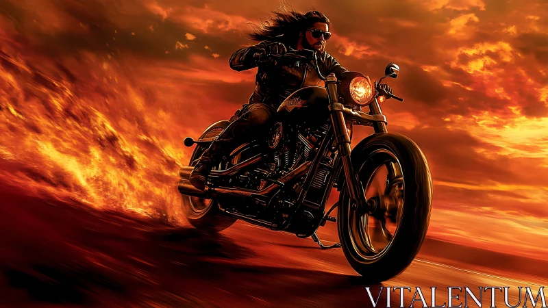 Motorcycle rider advancing through fire against sunset sky.
