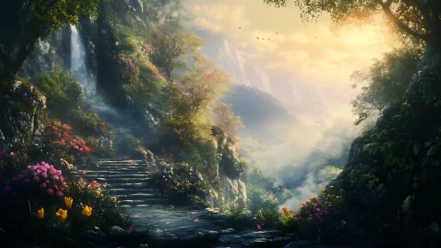 Stone stair path through misty floral valley landscape.