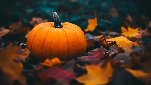 Orange pumpkin on autumn leaves with moody background.
