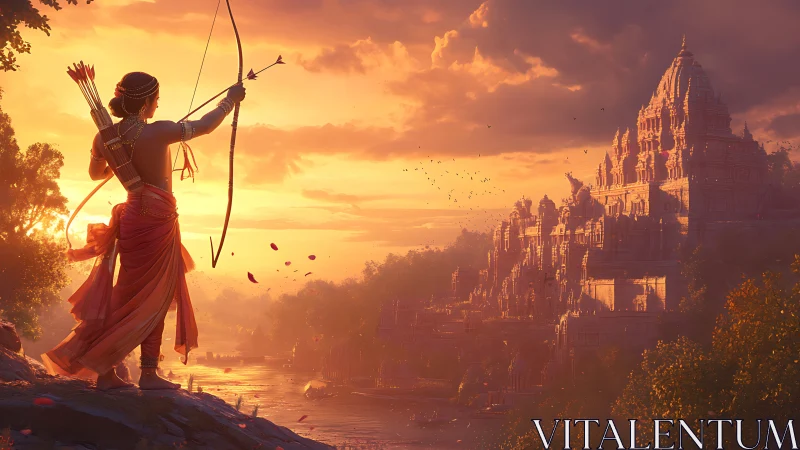 Archer overlooking river valley and temple at sunset.