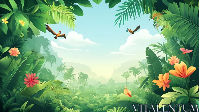 Vibrant parrots soar above a lush sunrise jungle valley