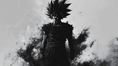 Shadow warrior silhouette in dynamic ink-splash monochrome.