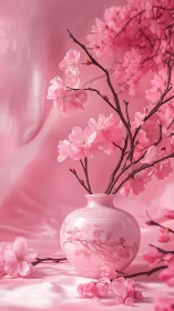 Pink Cherry Blossoms in Porcelain Vase