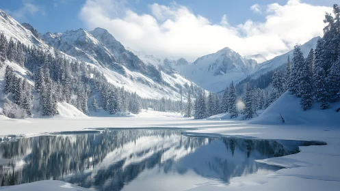 Snow covered alpine lake with conifer forest and mountains.