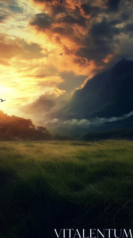 Sunlit grassland meets storm-lashed mountains at dusk