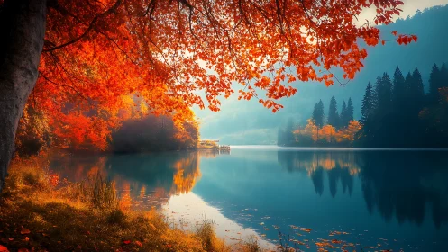Digital painting of autumn lakeside canopy and mirrored reflections.