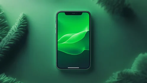 Smartphone with green abstract display among blurred foliage.