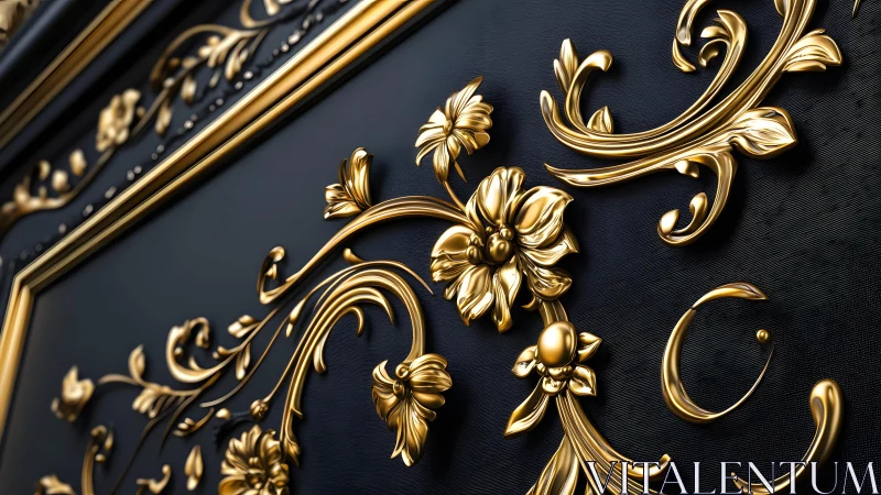 Luxurious Golden Floral Ornament on Black Background, Baroque Style.