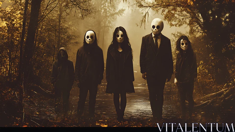 Masked figures in eerie forest pathway with autumn fog.