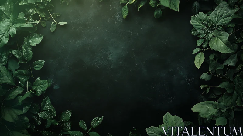 Symmetric foliage frame encircling dark textured void surface.