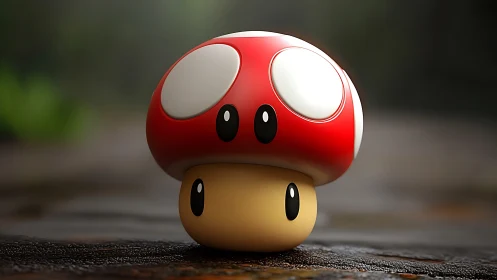 Cute red cartoon mushroom glows softly on forest floor.
