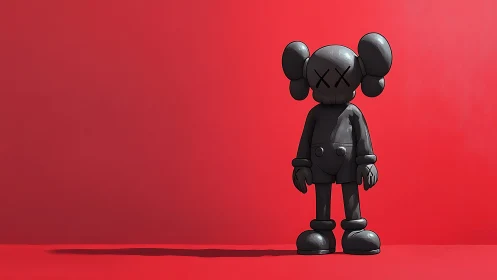 Dark vinyl toy figure on stark red minimalist background.
