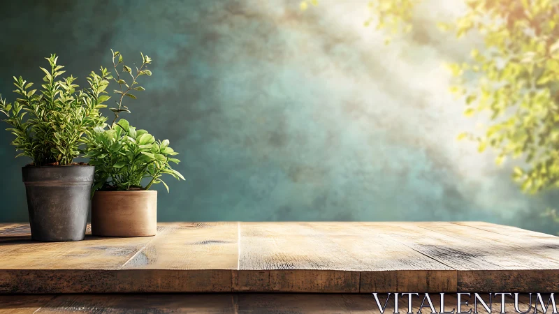 Sunlit potted herbs rest on a rustic wooden tabletop