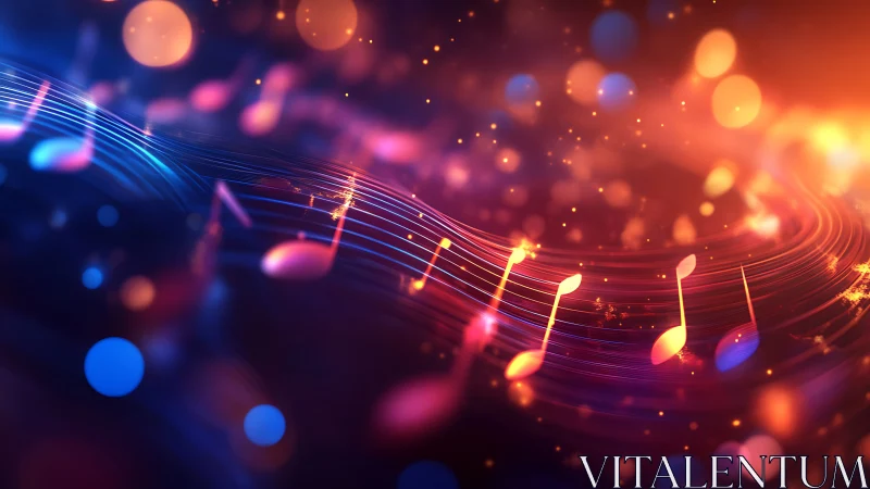 Glowing music notes flow across abstract neon light waves