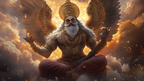 Winged celestial yogi in luminous atmospheric turbulence.