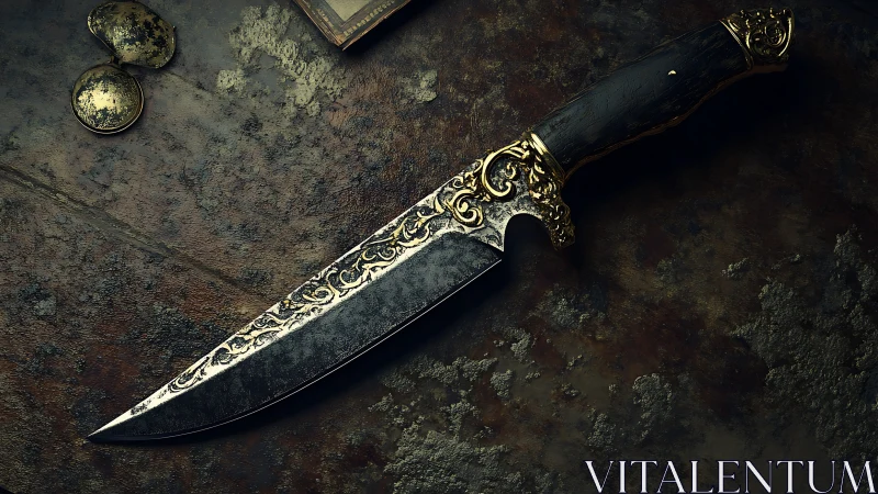 Decorative fixed-blade knife lies on textured metal surface