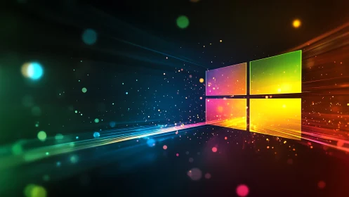 Multicolored window symbol with radial light streaks.