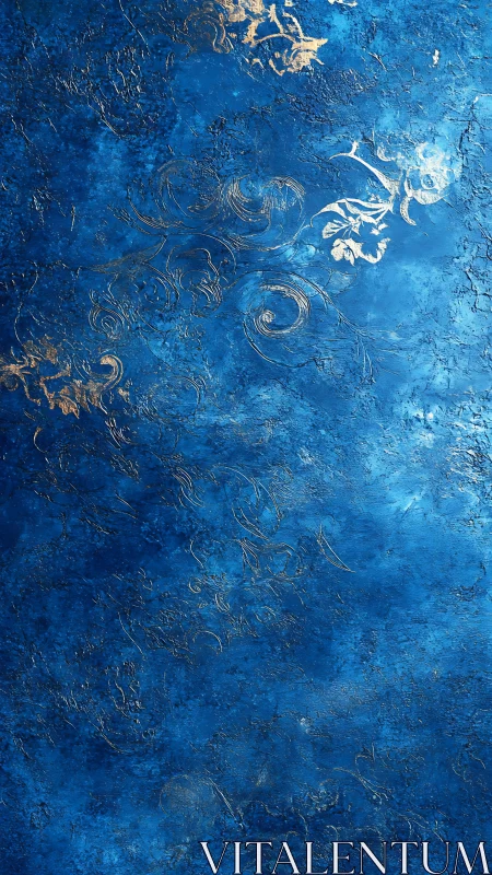 Textured cobalt blue surface with embossed golden filigree