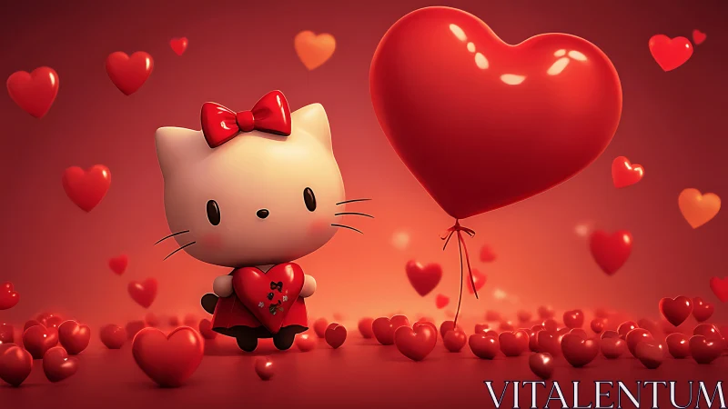 Hello Kitty Character with Heart Balloon in Monochromatic Red Setting